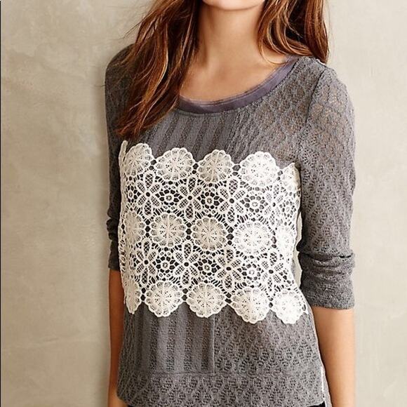 Anthropologie Tops - Anthropologie Top Womens Small Meadow Rue Lace Overlay Top Gray 3/4 Sleeve